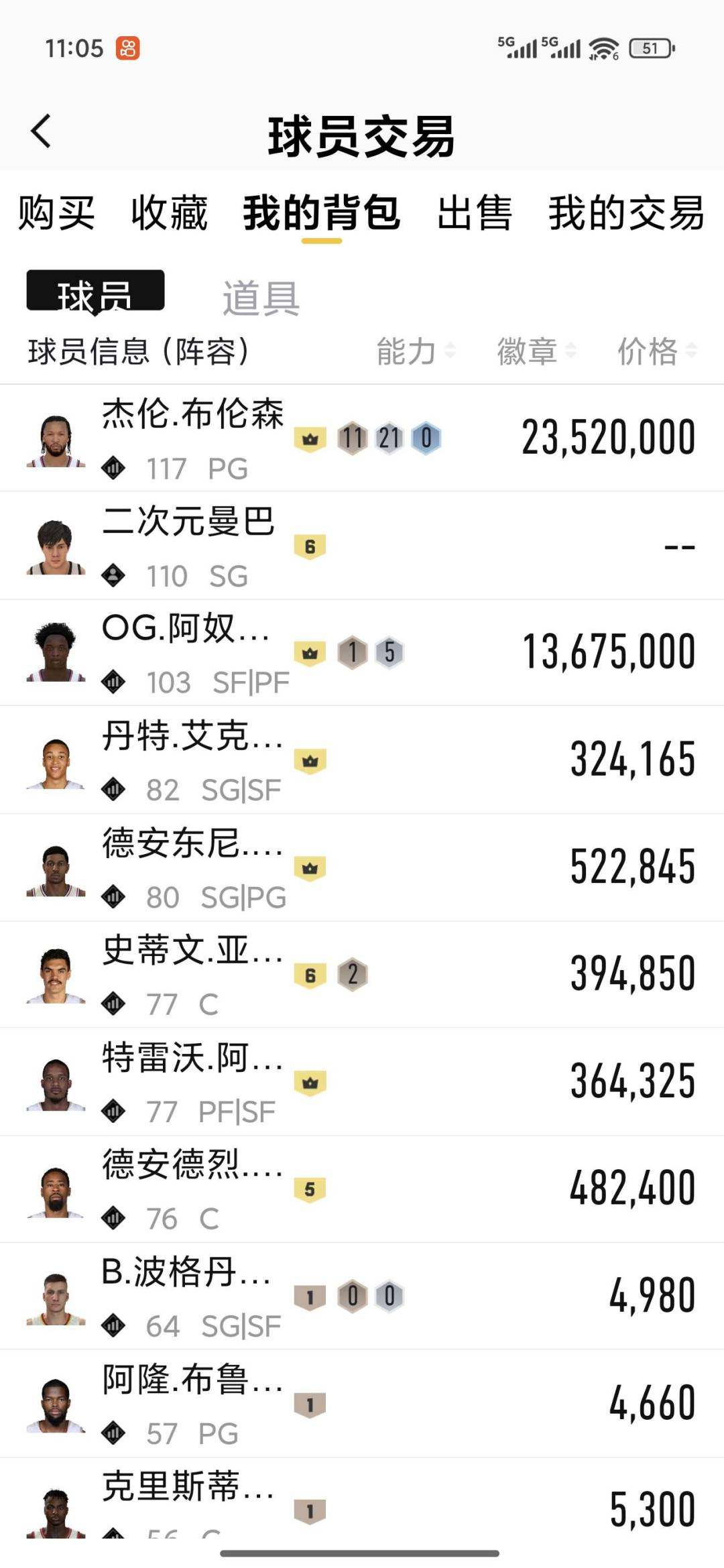 卖家说:满布伦森和OG，准4满特训，绝版炫...