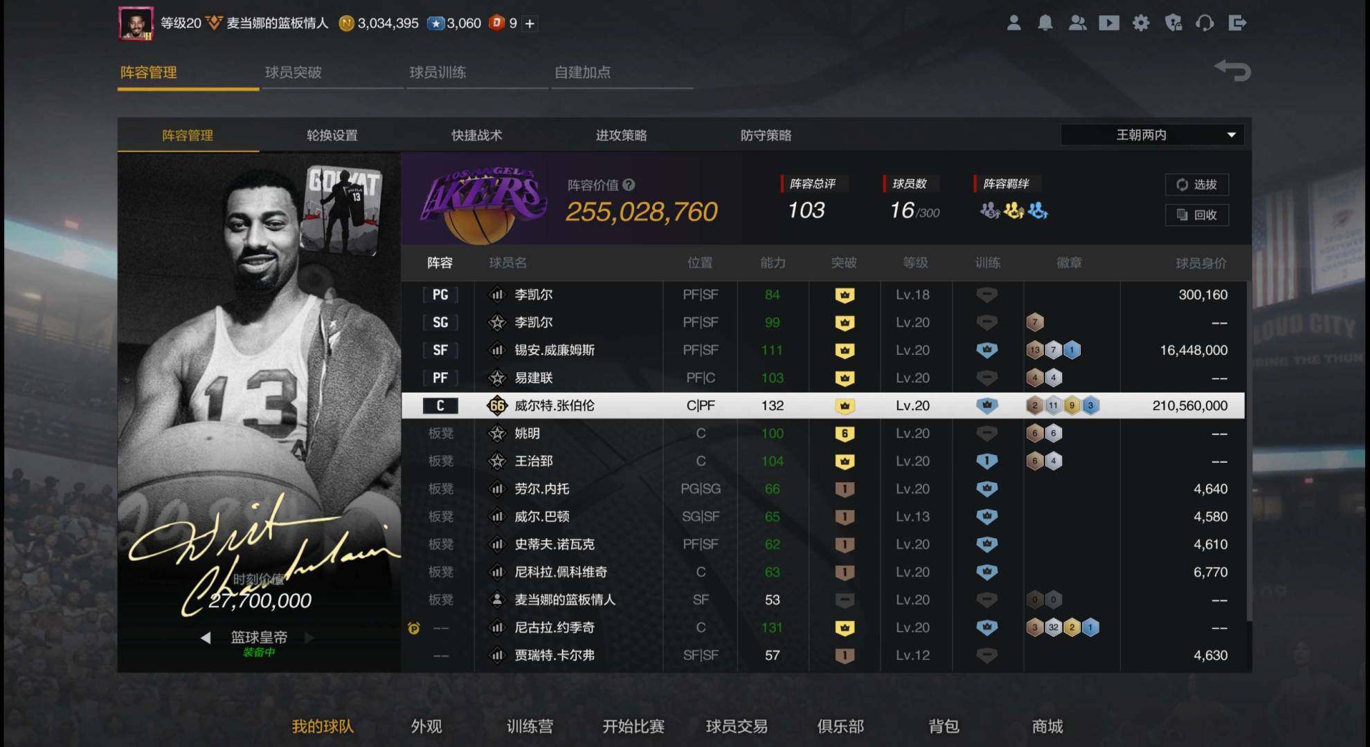 阵容价值(W):255000000 威尔特...