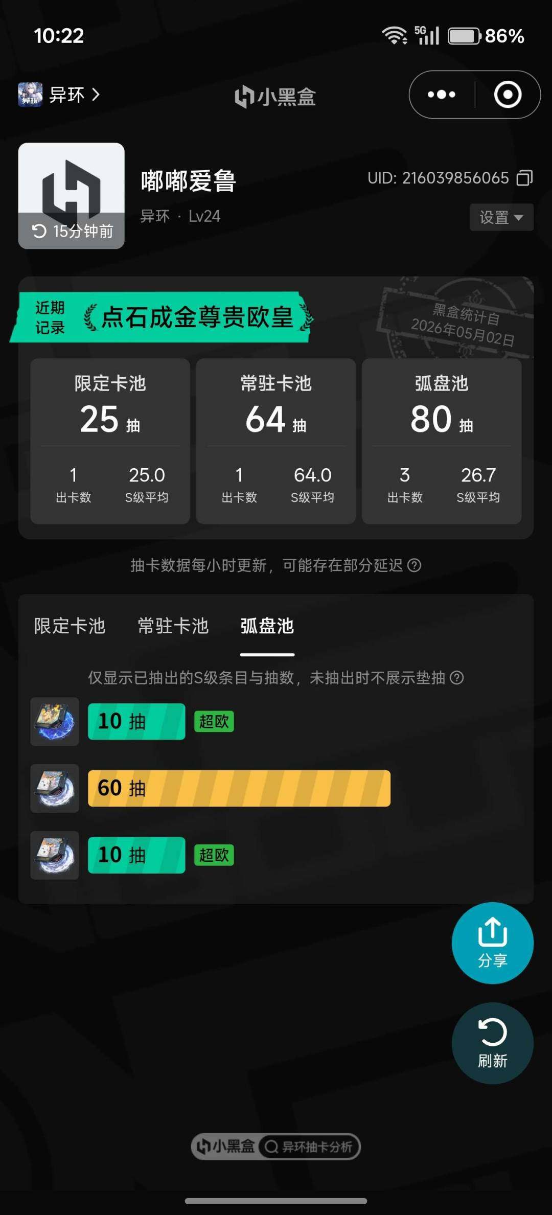 猎人等级:25 S级角色数量:5 S级弧盘...