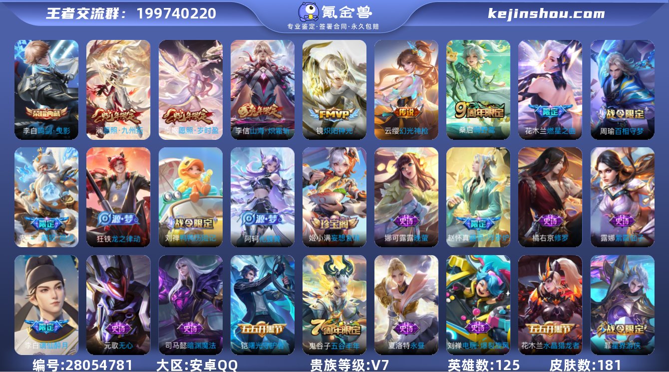 贵族V7 荣耀典藏1 传说皮肤7 史诗皮肤...