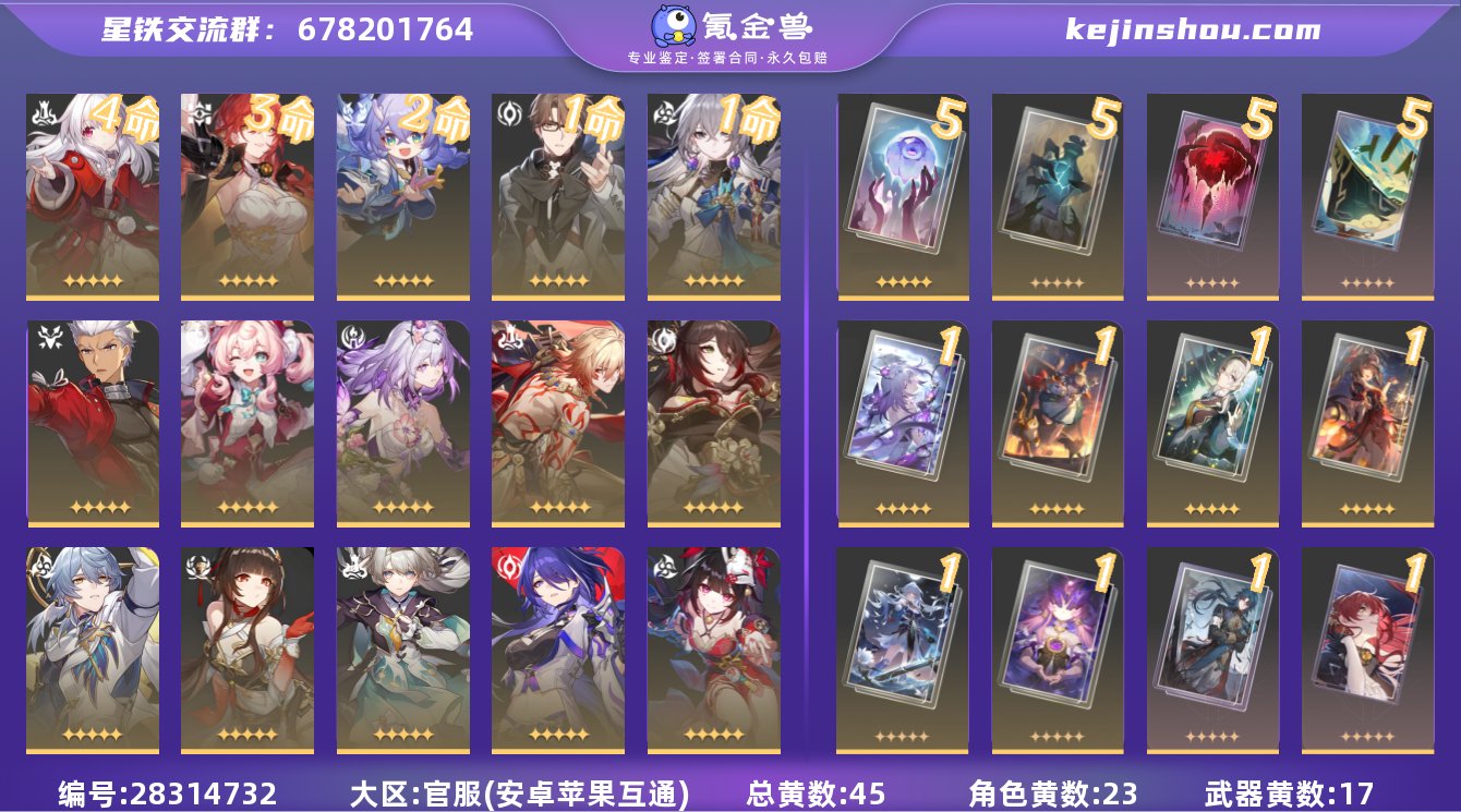 总黄数: 45 4命金色角色: 4命克拉拉...