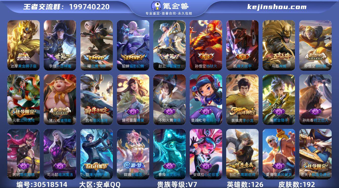 贵族7/皮肤192/传说7/史诗53/英雄...