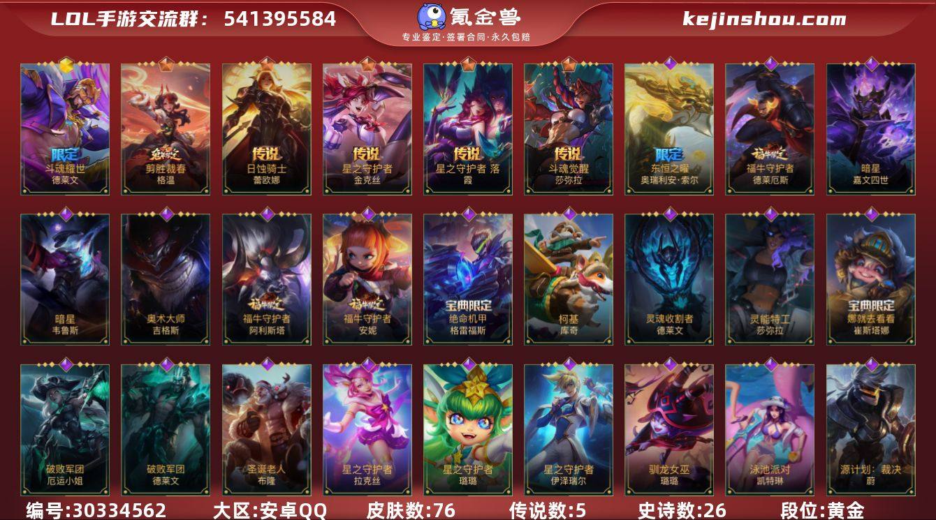 皮肤数:76 典藏皮肤数量:0 神话皮肤数...