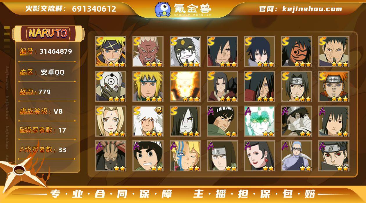 战力值(万)：779 S忍数：17 A忍数...
