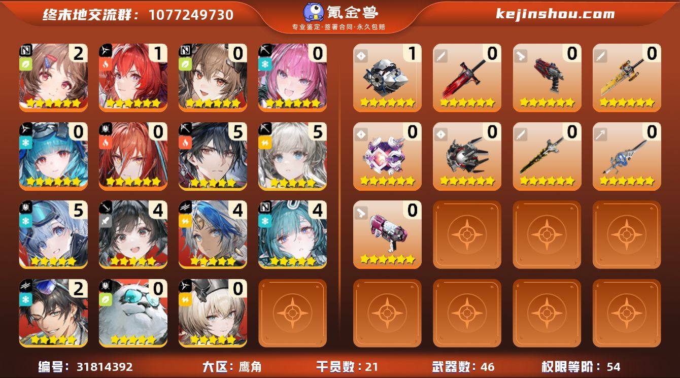 权限等阶:54 干员数:21 六星干员数量...