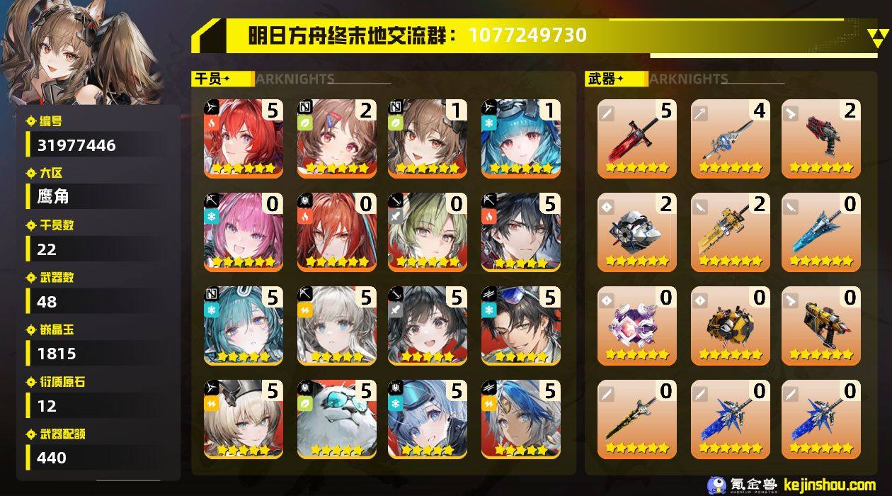 权限等阶:57 干员数:22 六星干员数量...