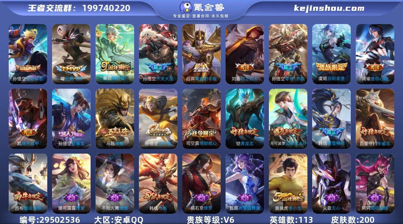 安卓Q-V6-尊贵铂金IV段位-113英雄...