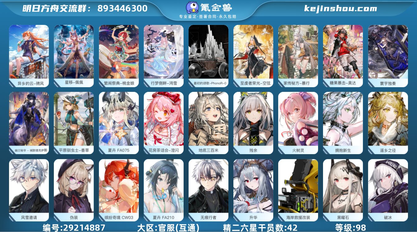 角色等级:98 精二六星干员数:42 异乡...