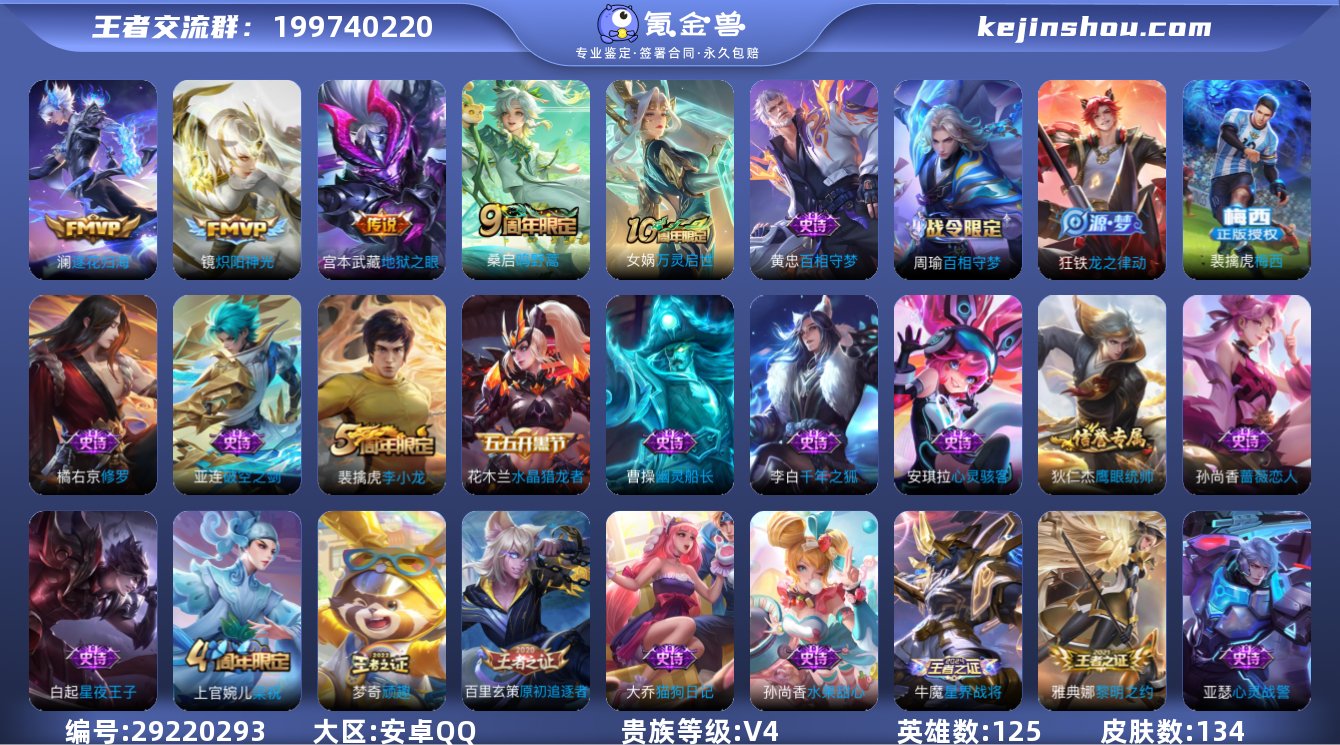 安卓QQ/荣耀王者/134皮肤/125英雄...