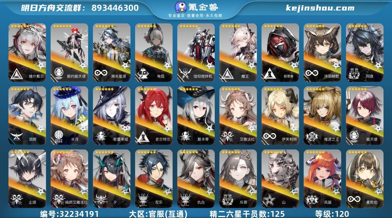 角色等级:120 六星干员数:125 精二...