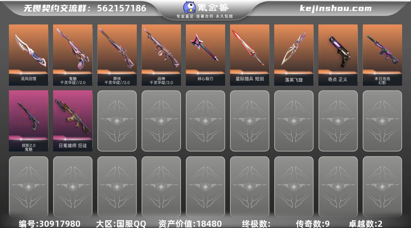 传奇数:9 卓越数:2 皮肤资产价值:18...