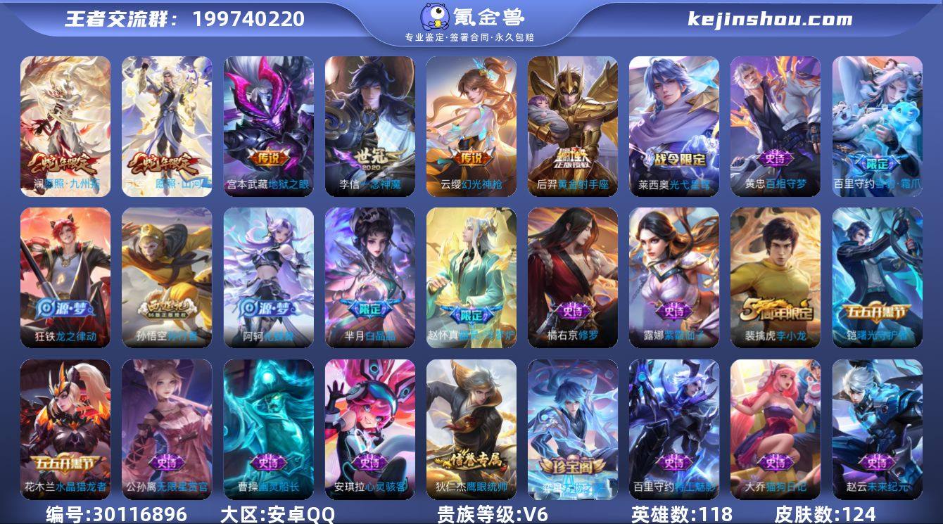 《商品描述》：118英雄-124皮肤-贵族...