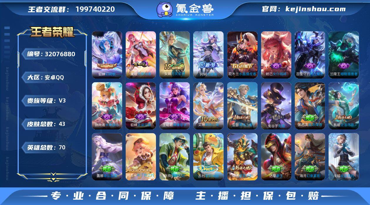 贵族3/皮肤43/典藏1/史诗9/英雄70...