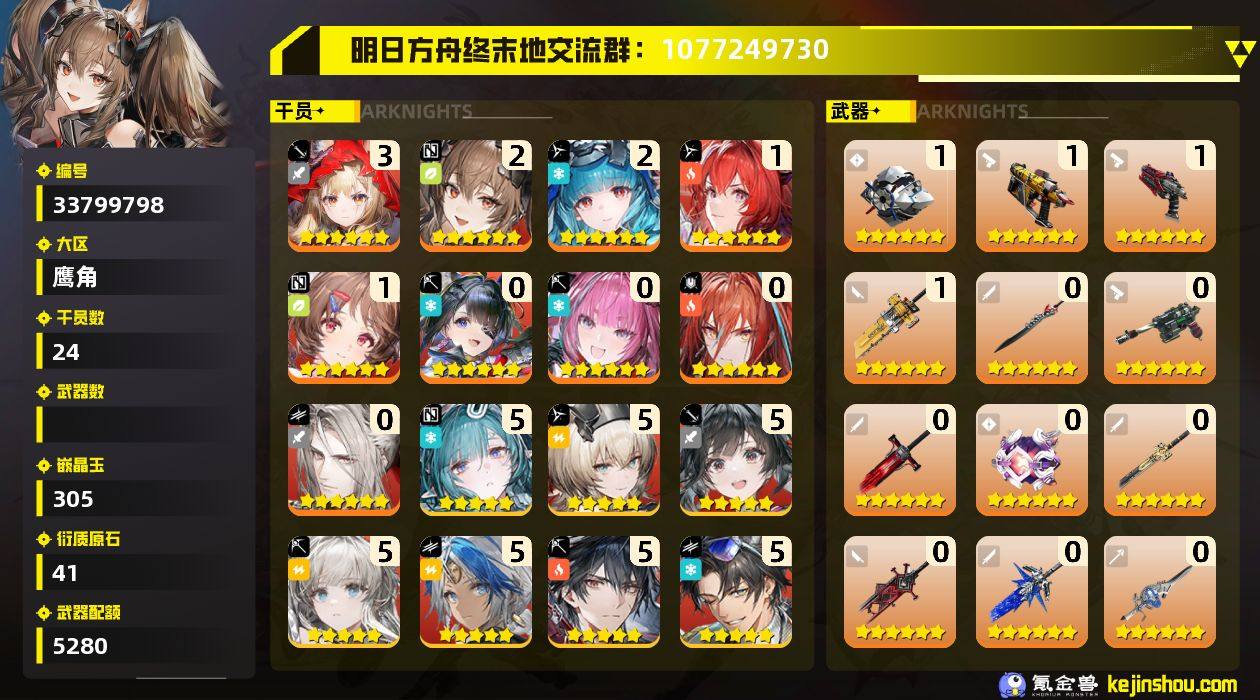 权限等阶:60 干员数:24 六星干员数量...