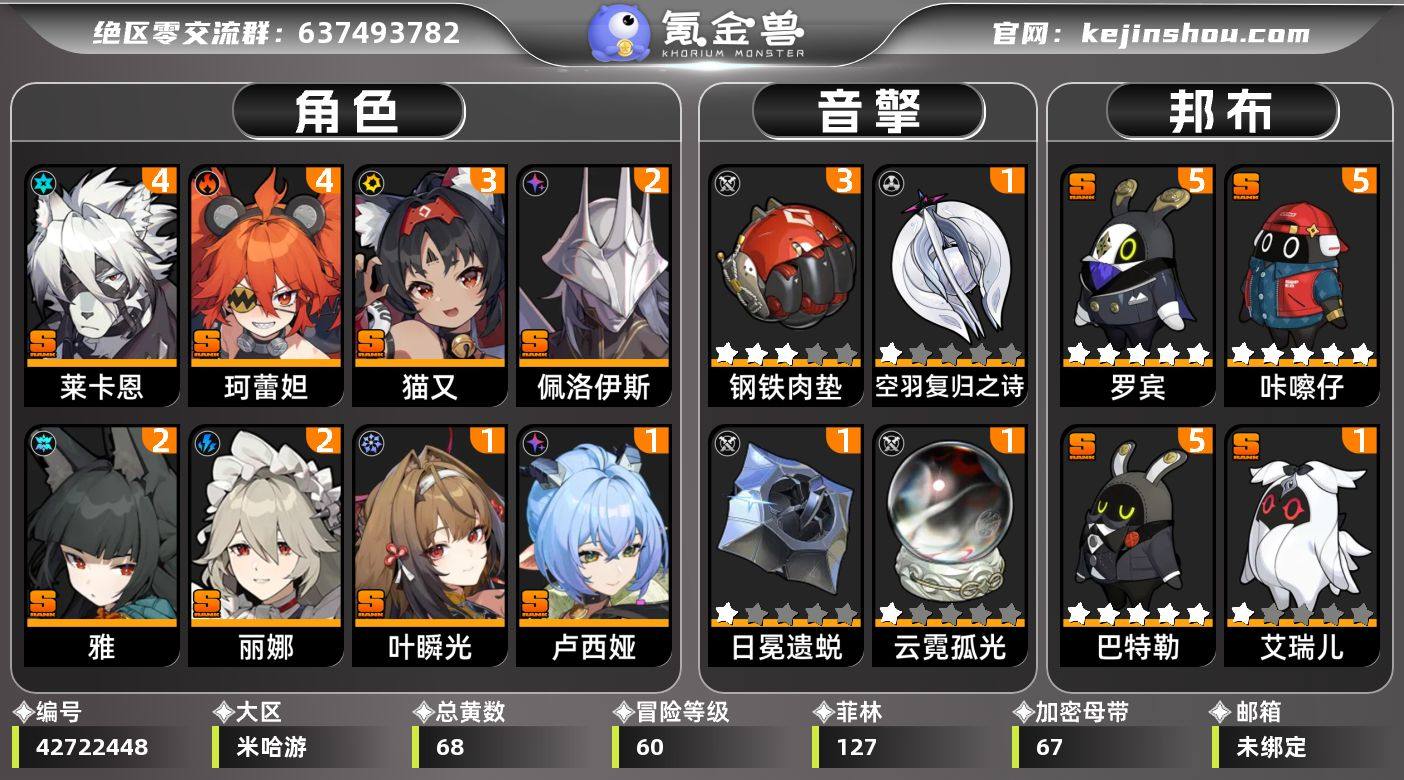 冒险等级:60 总黄数:68 五星角色数:...