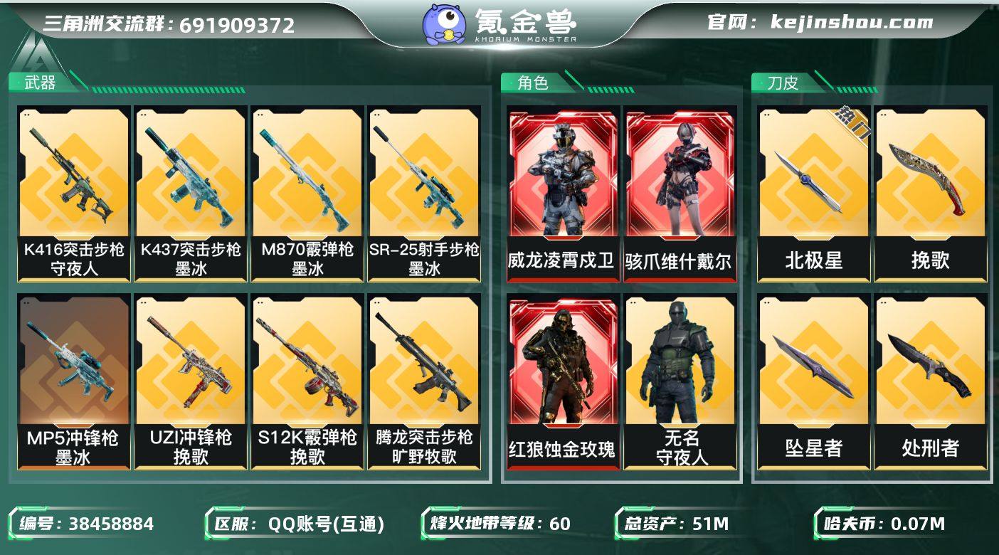 【sjz13288】总资产:51.6M, 哈夫币:73401 ;总资产51M/哈夫币7万/干员外观数16/战场等级50/行动等级60/安全箱等时效性道具以游戏内数据为准,详情请看图
红狼-蚀金玫瑰,骇爪-维什戴尔,威龙-凌霄戍卫,威龙-飞虎,蜂医-送葬人·无题密令,无名-夜鹰,深蓝-不破誓约,红狼-电锯惊魂,露娜-金牌射手,乌鲁鲁-荒原猎手,蛊-不羁人生,银翼-未结卷宗,露娜-劳拉·克劳馥,疾风-西部往事,无名-守夜人,蜂医-医生,近战武器-挽歌,近战-坠星者,近战-暗星,近战-北极星,近战-信条,近战-黑海,近战-处刑者4级,近战-黑鹰,M4A1突击步枪-蚀金玫瑰,M4A1突击步枪-阿米娅,AKM突击步枪-古墓丽影,QBZ95-1突击步枪-凌霄戍卫,ASh-12战斗步枪-鹅鸭杀,K416突击步枪-行动记录,K416突击步枪-坠星者,K416突击步枪-守夜人,M16A4突击步枪-狩猎时刻,AUG突击步枪-悠然茶歇,AUG突击步枪-西装暴徒,SG552突击步枪-运动员,AK-12突击步枪-夜鹰,SCAR-H战斗步枪-启航,SCAR-H战斗步枪-荼蘼,G3战斗步枪-狩猎时刻,CAR-15突击步枪-黑鹰坠落,AS Val突击步枪-全域特勤,腾龙突击步枪-捞点薯条,腾龙突击步枪-马年祥瑞,腾龙突击步枪-旷野牧歌,K437突击步枪-北极星,K437突击步枪-墨冰,KC17突击步枪-电锯惊魂,MK47突击步枪-悠然茶歇,MK47突击步...