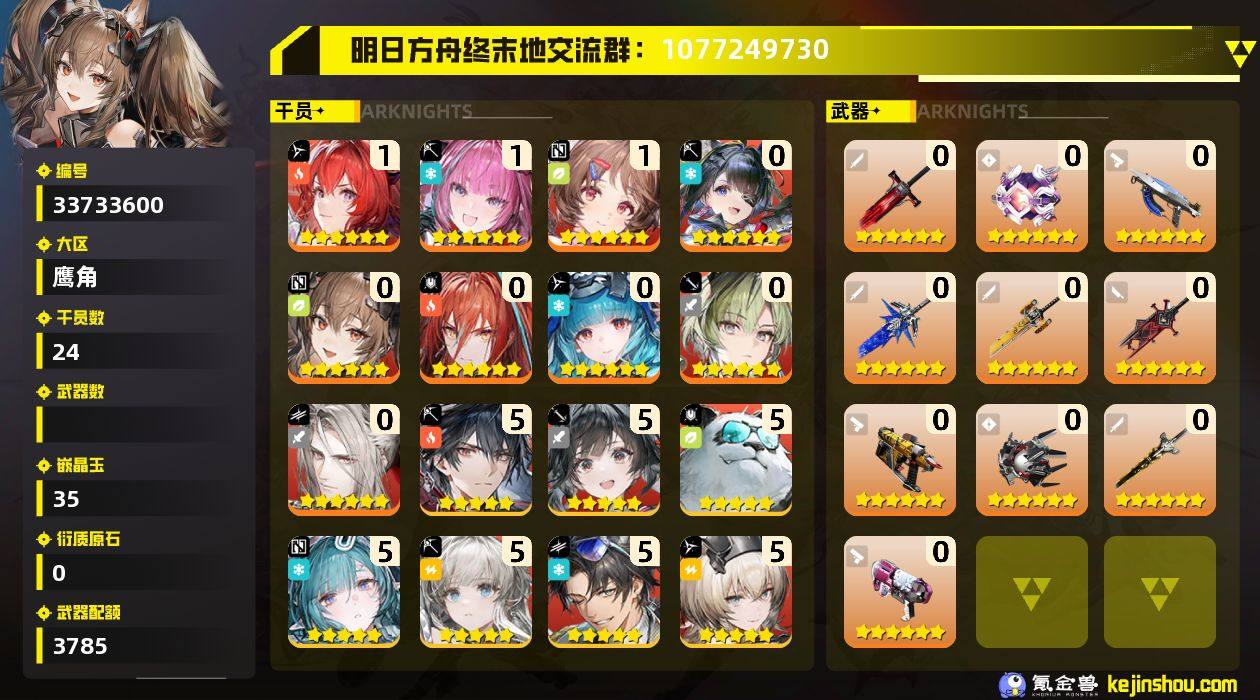 权限等阶:54 干员数:24 六星干员数量...