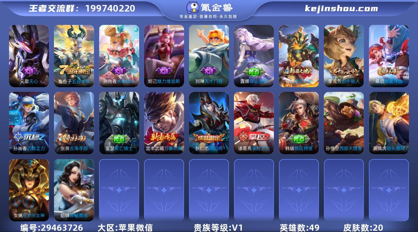 贵族0/皮肤20/史诗5/英雄49/阴阳师...