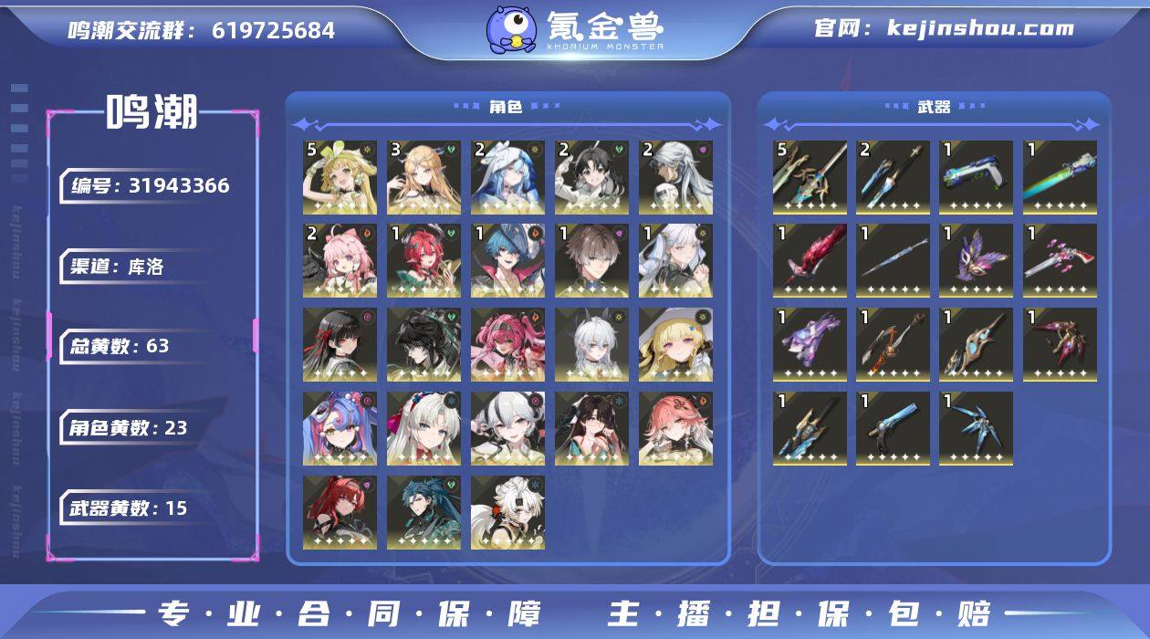 80级/63黄/男主/23个五星角色/15...