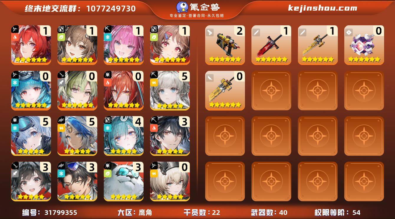 权限等阶:54 干员数:22 六星干员数量...