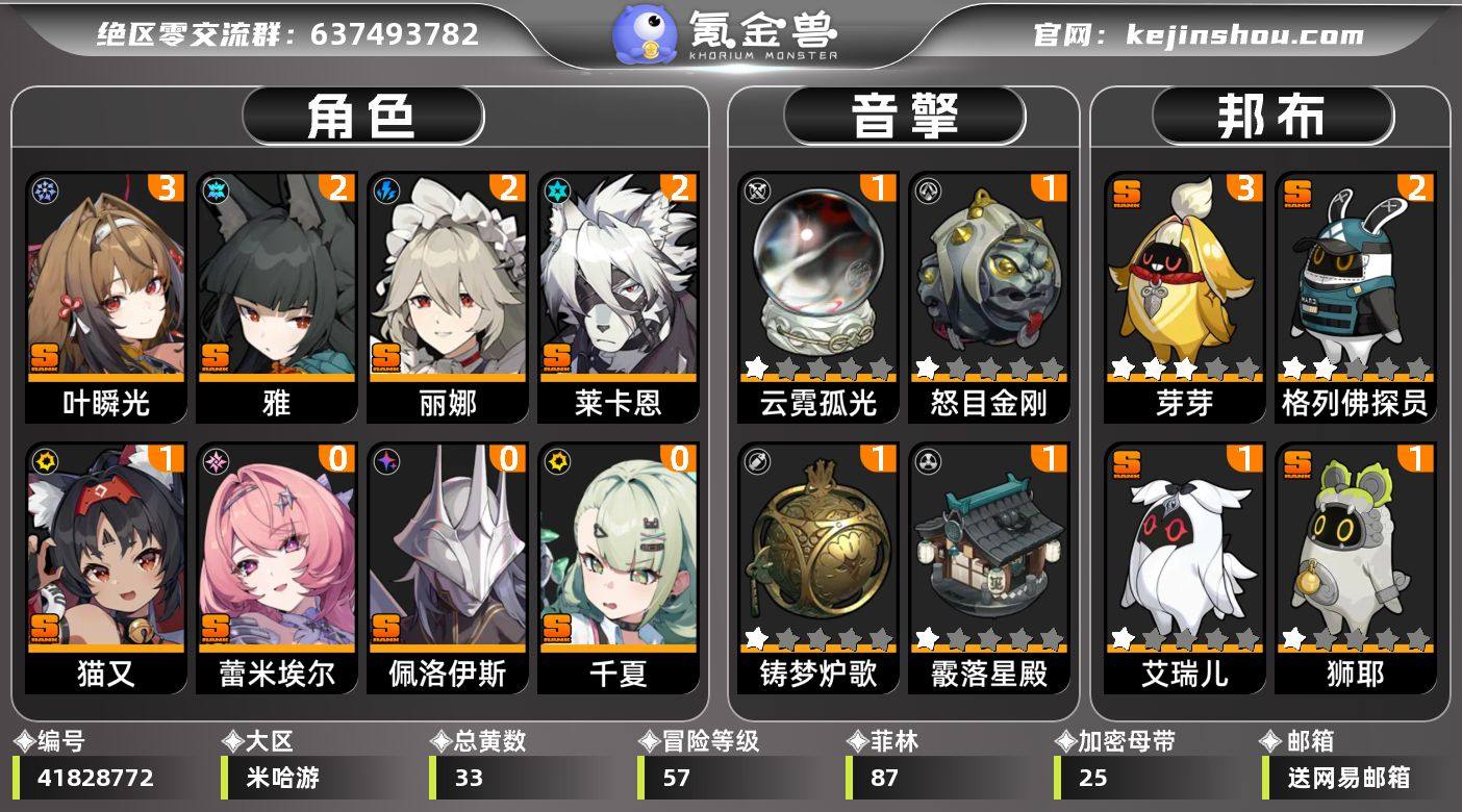 冒险等级:57 总黄数:33 五星角色数:...