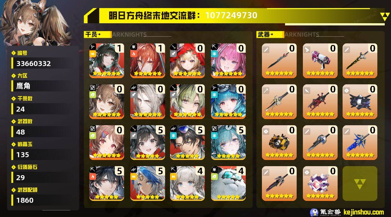 权限等阶:53 干员数:24 六星干员数量...