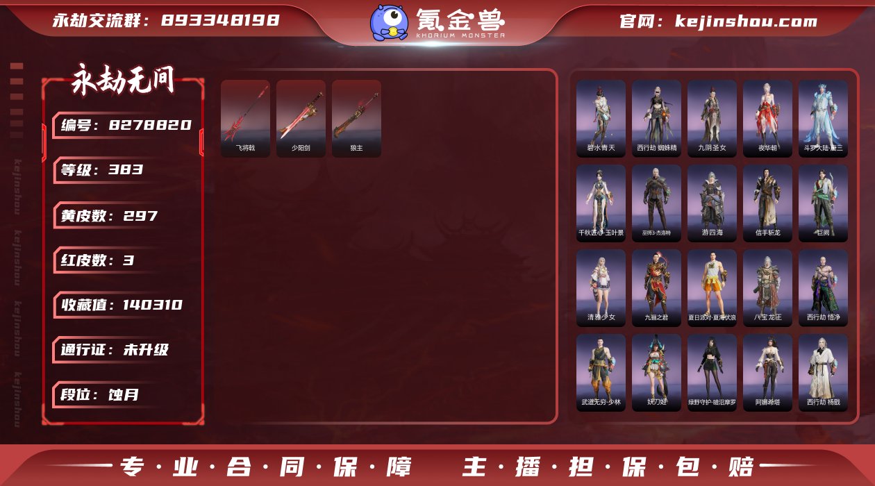 3红297金 红皮: 狼主(阔刀皮肤),少...
