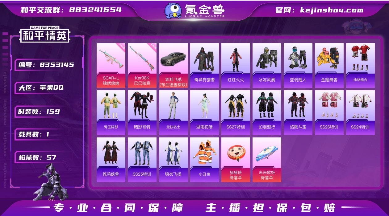 时装数: 159 载具数: 1 枪械数: ...