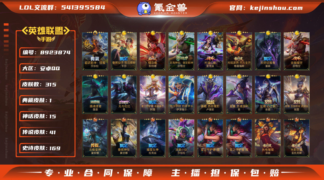 实名: 可修改 皮肤数: 315 典藏皮肤...