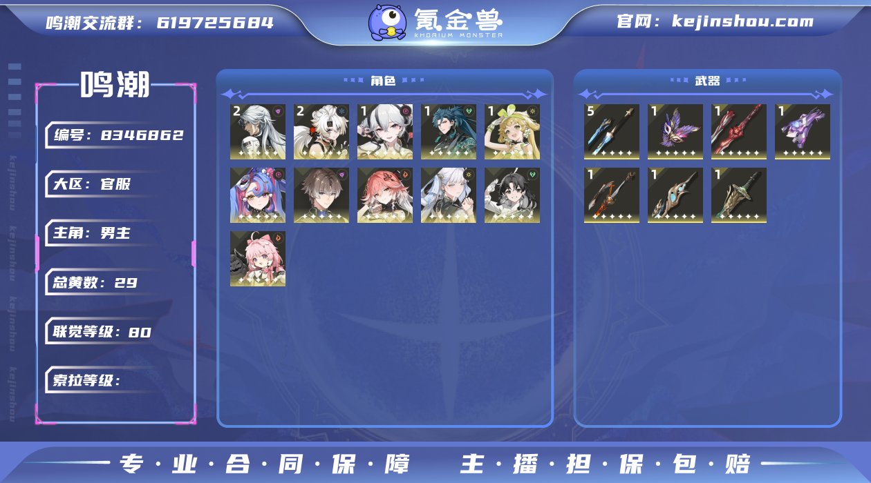 80级/29黄/男主/11个五星角色/7个...