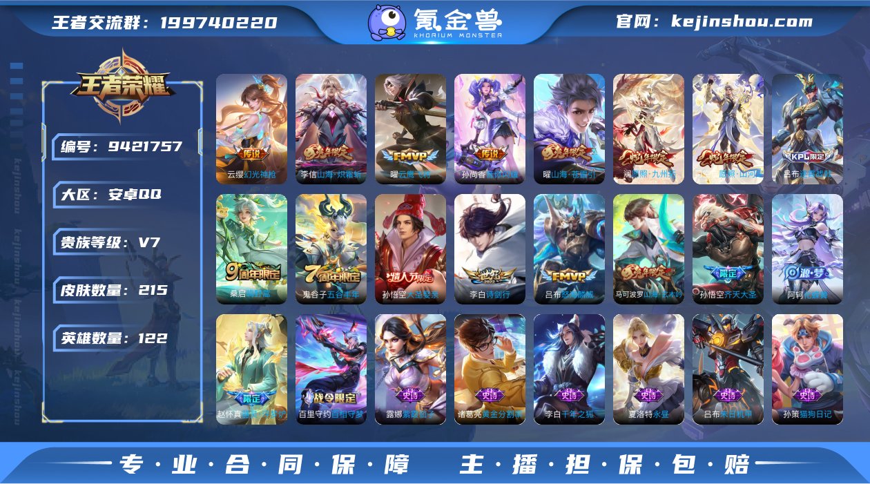 贵族V7 传说皮肤11 史诗皮肤38 皮肤...